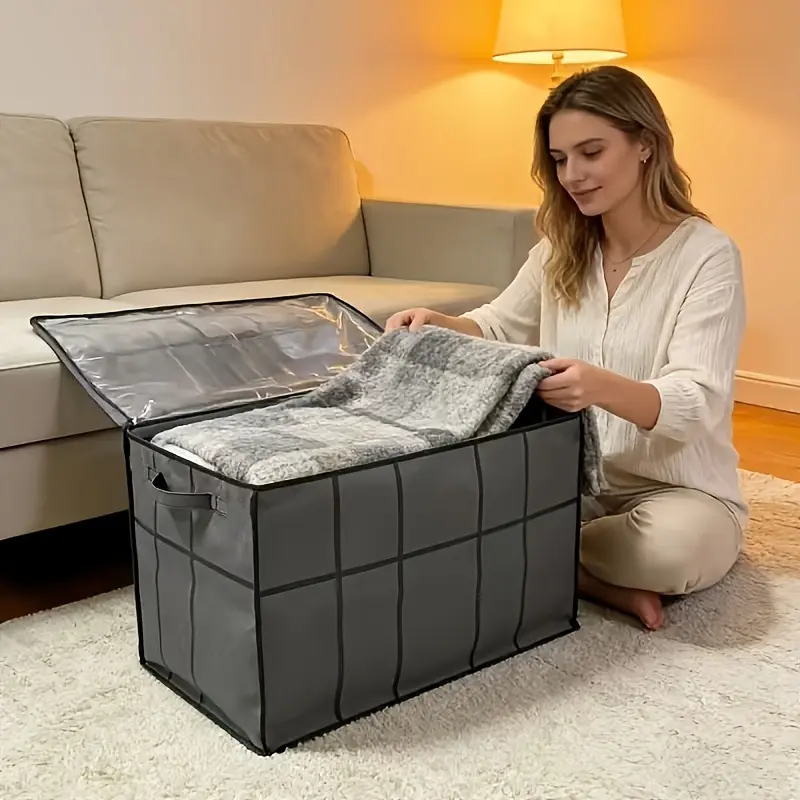 Large Capacity Zippered Storage Box, Gray with Large Window, 1 Piece