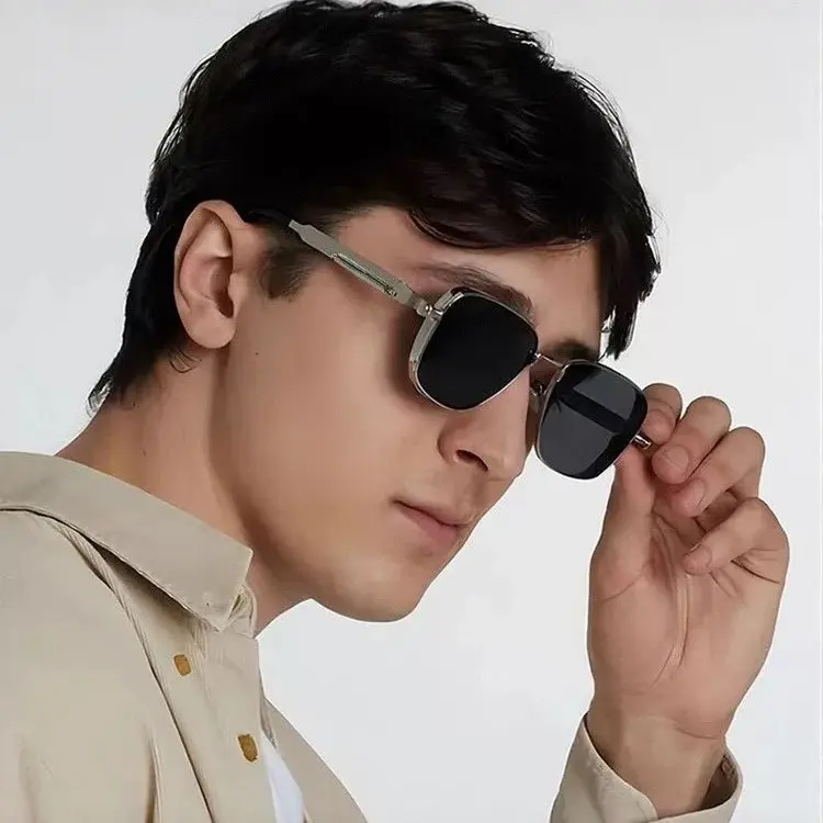 Punk Metal Square Frame Sunglasses for Men with Spring Hinges
