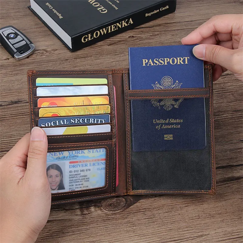 Deri Pasaport Çantası Retro Çok Kartlı RFID Koruması