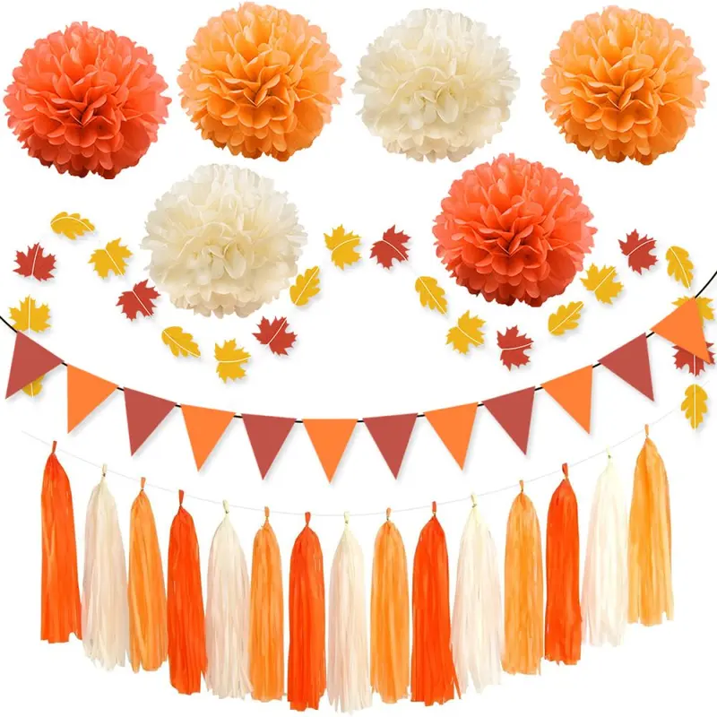 Thanksgiving Party Decoration Set with Triangle Banner and Paper Flower Balls