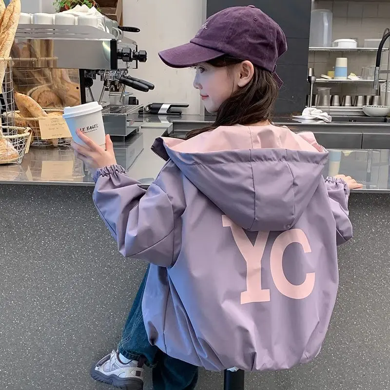 Mädchen-Herbstjacke, wendbare Kapuzen-Windjacke für größere Kinder