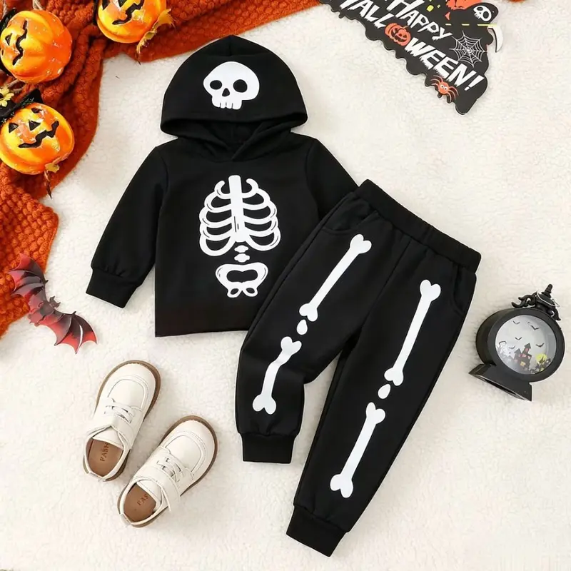 Children's Halloween Skeleton Print Hooded Two-Piece Costume Set