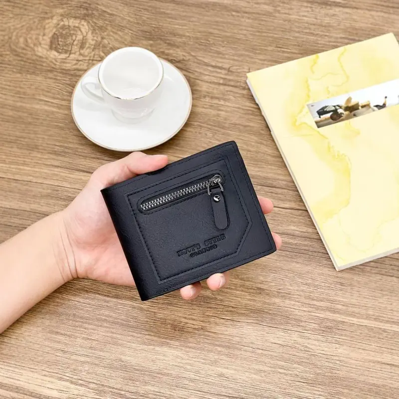 Retro Men's Leather Wallet, Short Model with Zipper ID Card Holder