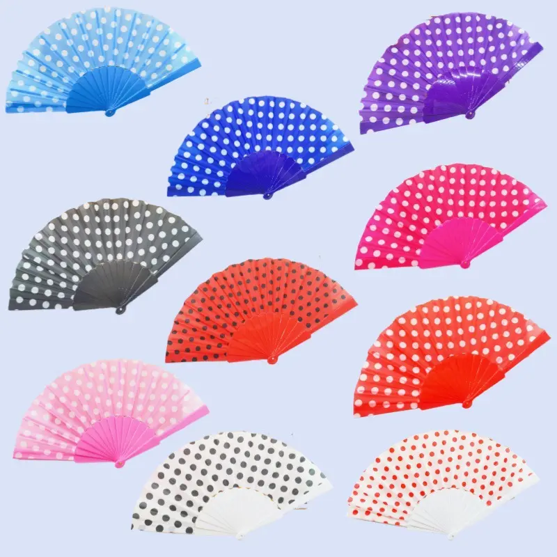 Single-Sided Fabric Polka Dot Folding Dance Fan with Plastic Ribs, White