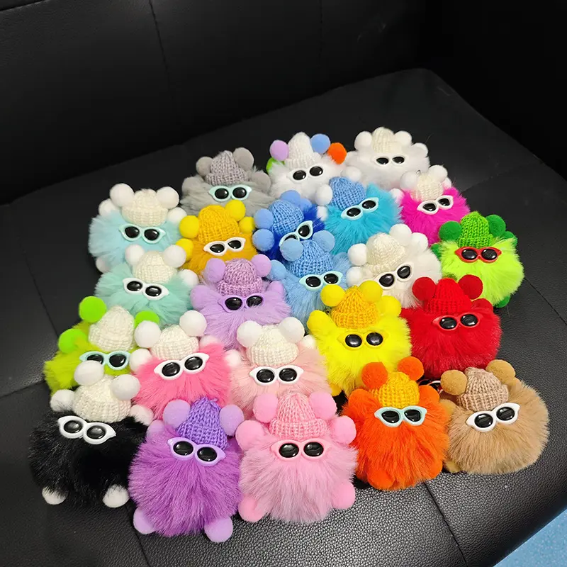 Cartoon Plush Glasses Coal Ball Car Keychain and Backpack Charm