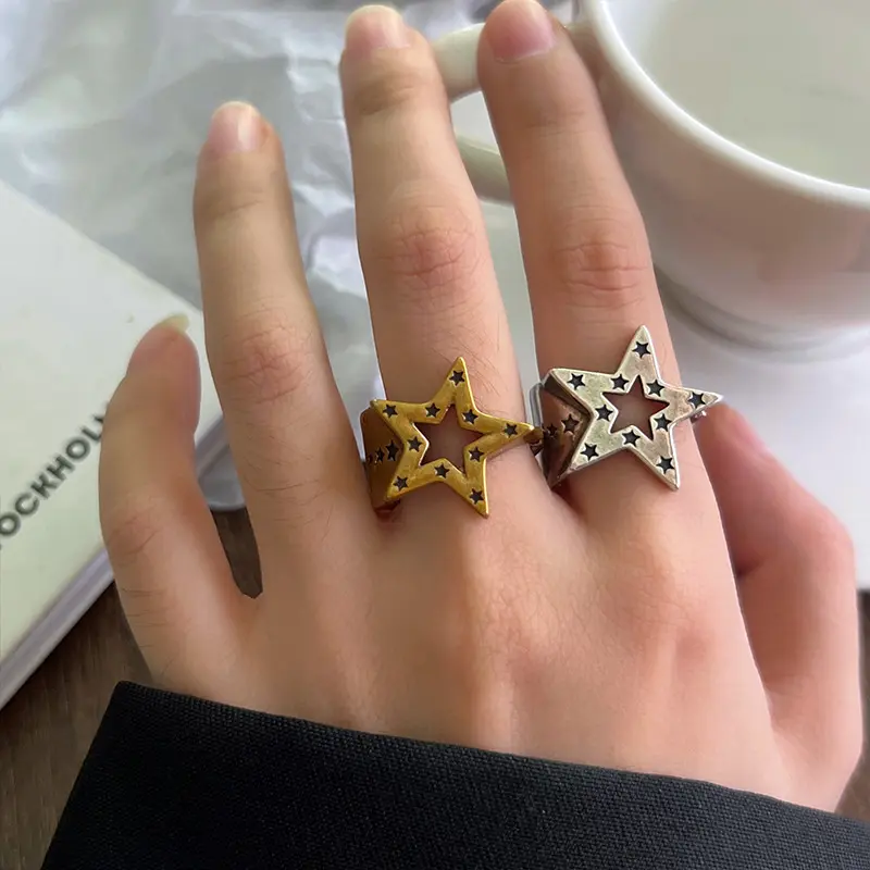 Five-pointed star 925 silver ring, hip-hop design
