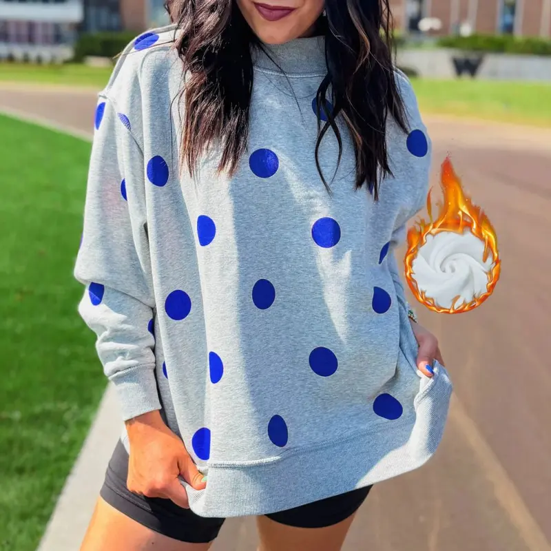 Women's Loose Polka Dot Fleece-Lined Sweatshirt, Autumn Winter
