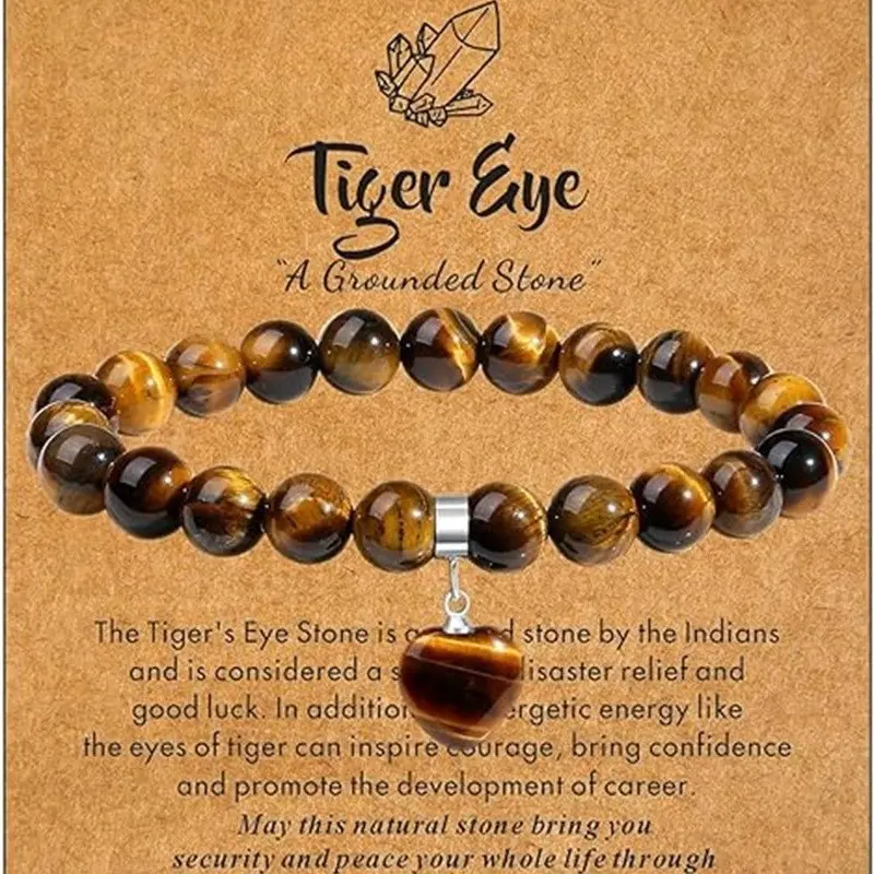 8mm Natural Stone Elastic Beaded Bracelet with Heart Stone Pendant