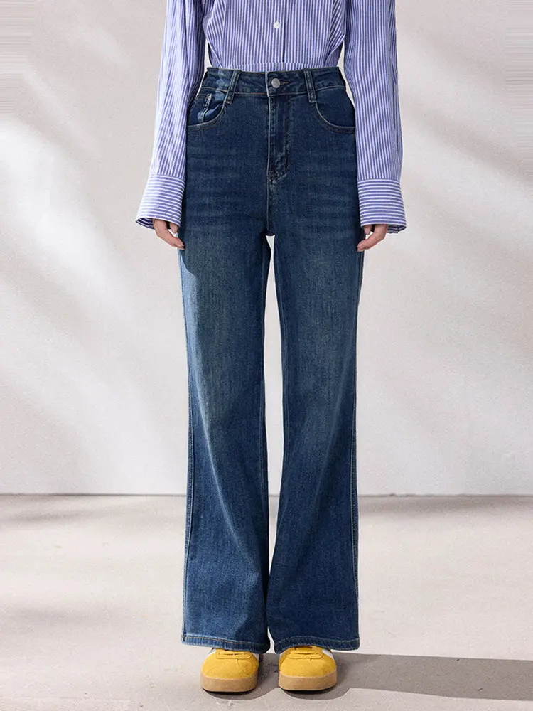 Retro Blue Stretch Denim Jeans for Women, Slight Flare, Non-Skinny Fit