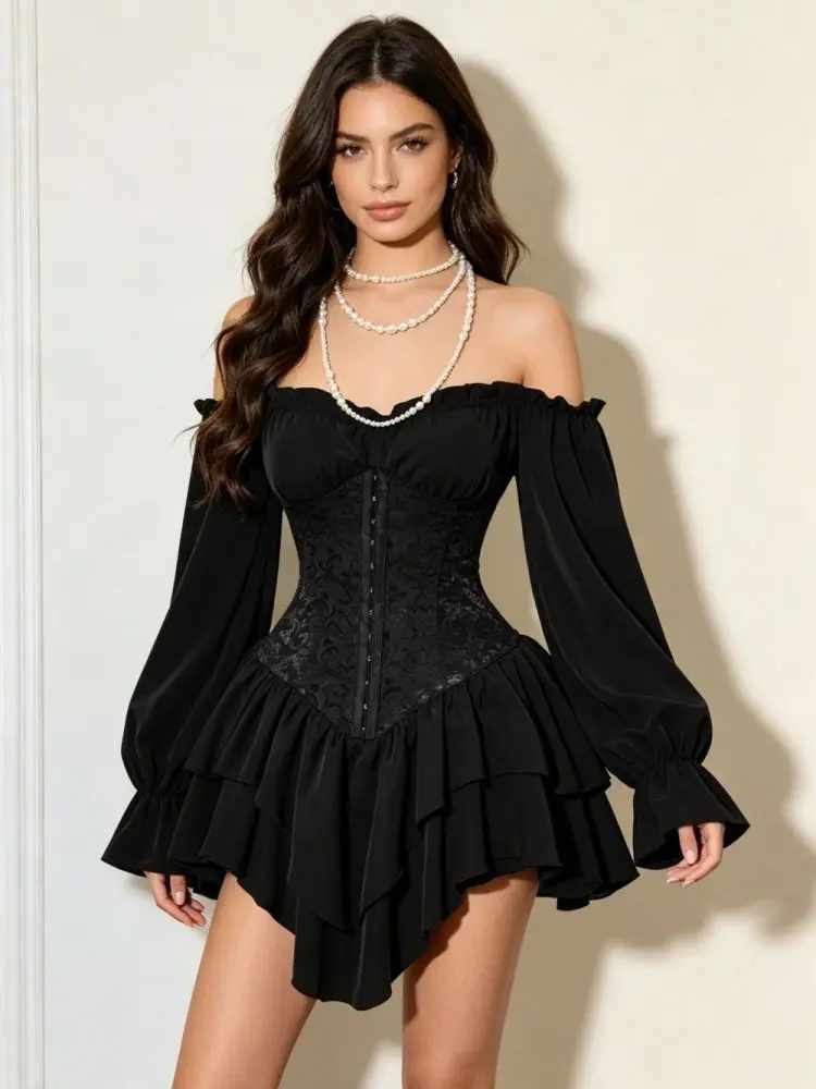 Damenkleid mit Jacquard-Einsatz, Rüschen, langen Ärmeln und freier Schulter