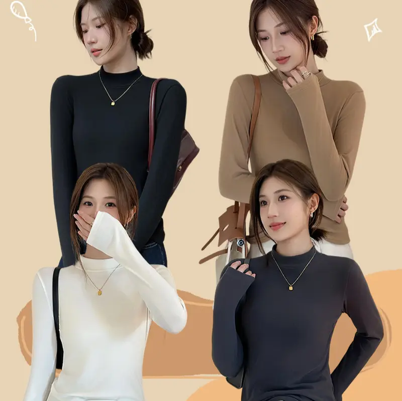 Women's Half-High Collar Double-Sided Velvet Base Layer Top, Solid Color