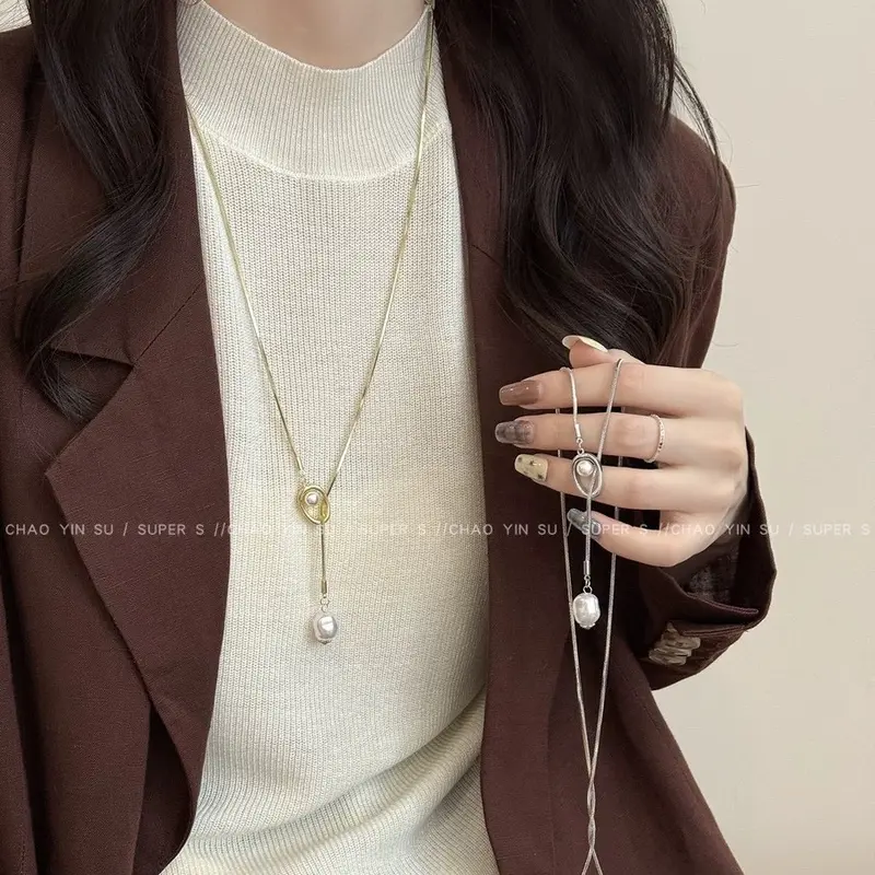Pearl pendant long sweater chain necklace non-fading premium