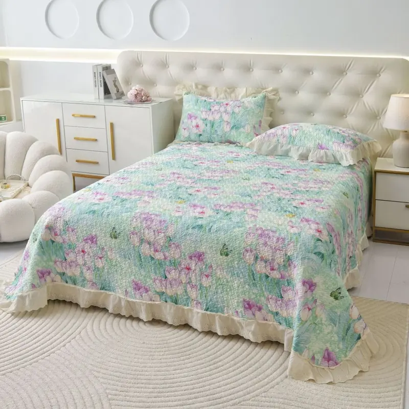 Vintage-Bettüberwurf-Set aus 100% Baumwolle mit Blumenmuster, 3-teilig