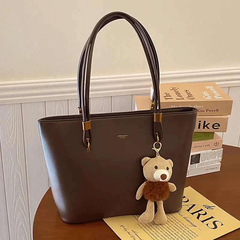 Large Retro Tote Bag, PU Leather, Solid Color