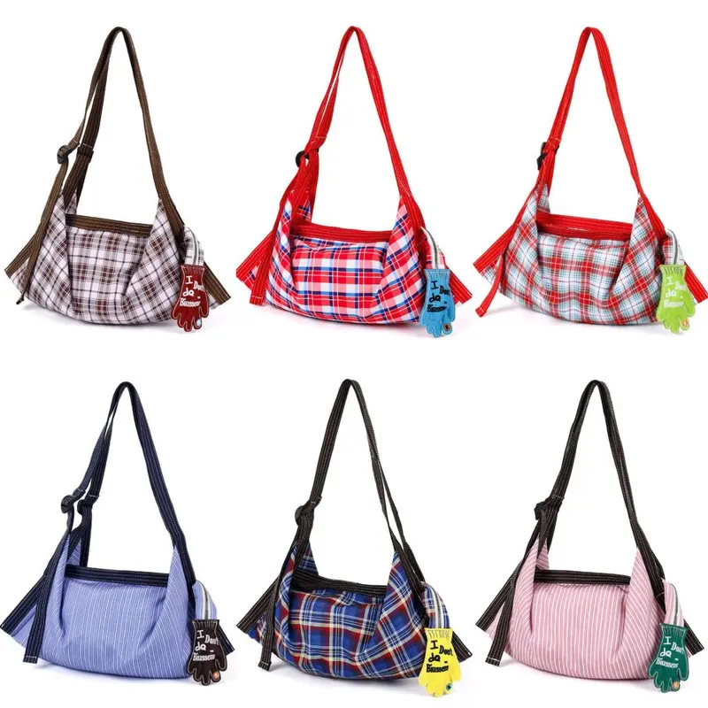 Retro Plaid Canvas Tote Bag, Padded Color-Block Single Shoulder, Large Capacity