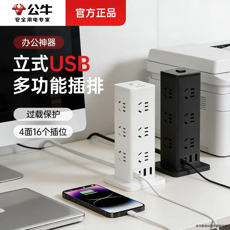 公牛南通威尔斯立式插座多功能usb接口塔形大功率15w转换器魔方