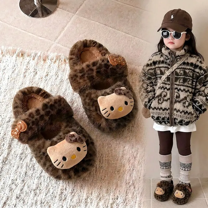 Mädchen-Hausschuhe mit süßem Katzenmotiv, Plüsch, Herbst-Winter