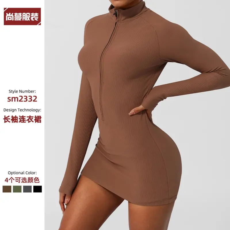 Ribbed Half-Zip Long-Sleeve Sports Jumpsuit Dress for Women