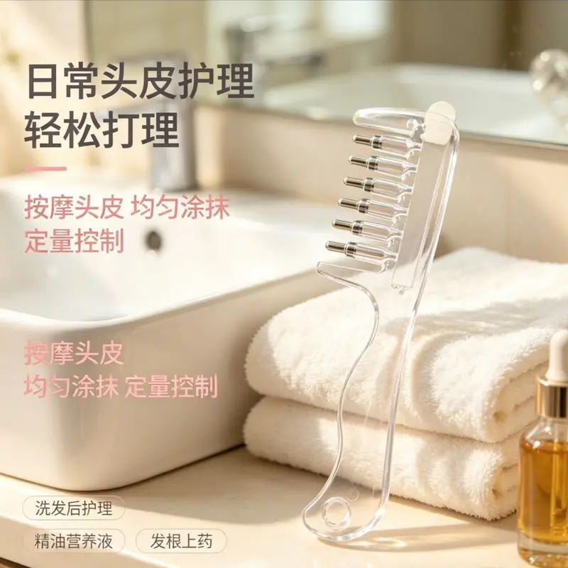 厂家直销新品头皮上药器精油导液梳子按摩生发液七齿上药梳水晶梳
