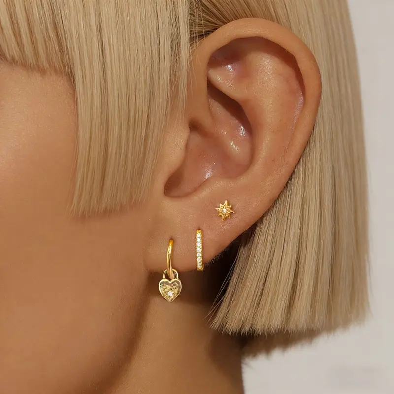 Zircon flower heart earring set, clip-on no piercing studs
