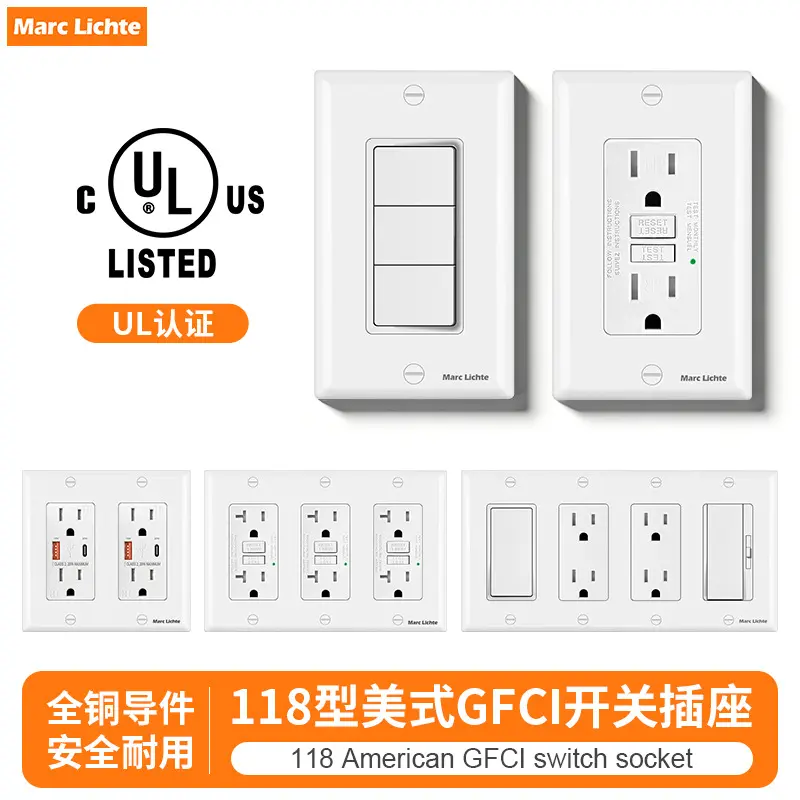 UL Certified US GFCI Wall Outlet with Switch, 15A/20A, USB