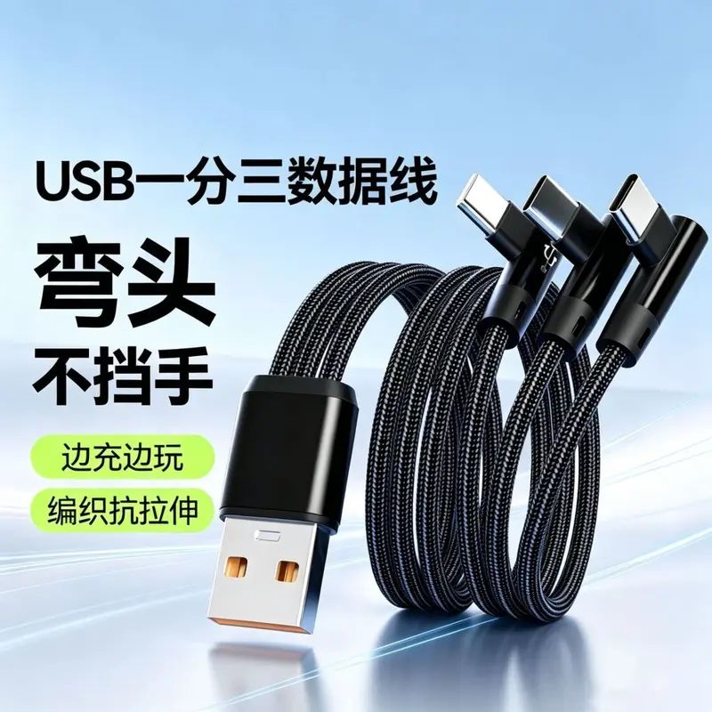 严选120W弯头三合一快充数据线适用苹果安卓Type-c一拖三充电器线