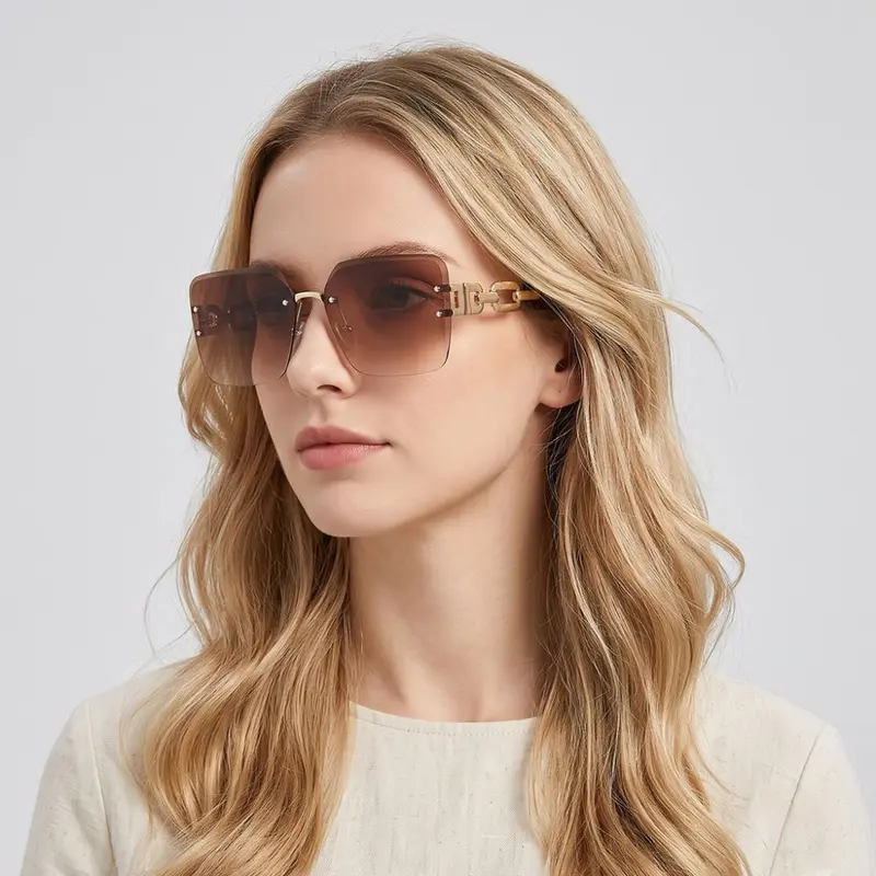 Damen-Sonnenbrille ohne Rahmen mit Metallkette, UV-Schutz, luxuriös