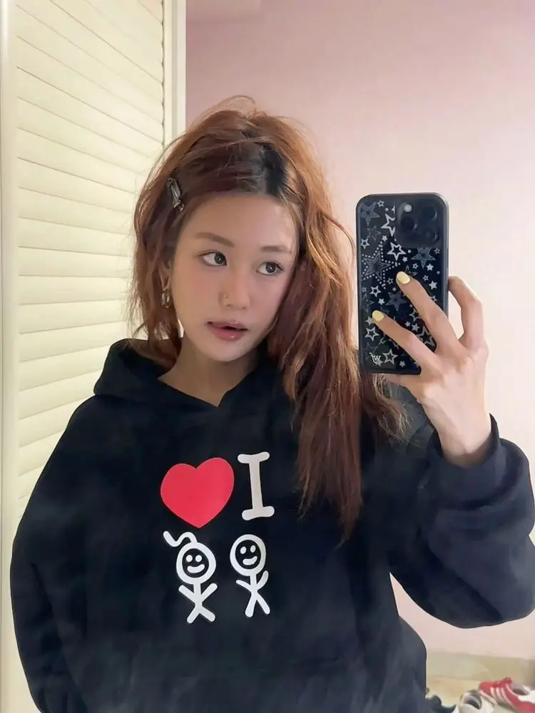 Amerikan tarzı kalp çöp adam baskılı kapüşonlu sweatshirt, siyah, bol kesim
