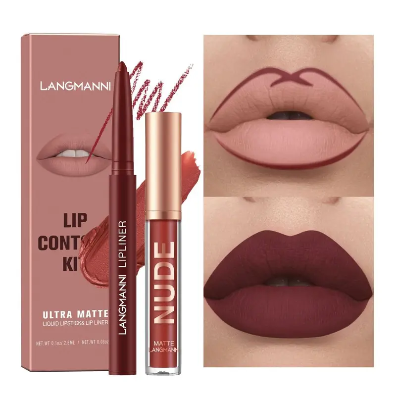 Langmanni 1+1 Matte Lip Gloss and Lip Liner Set, 2 Pieces, Non-Transfer