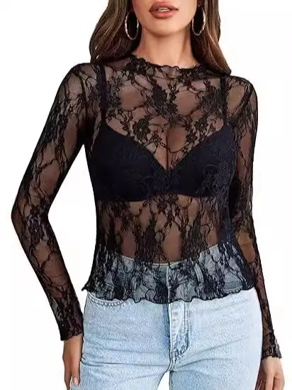 Damen-Spitzenbluse, langarm, Stehkragen, transparent mit Blumenmuster