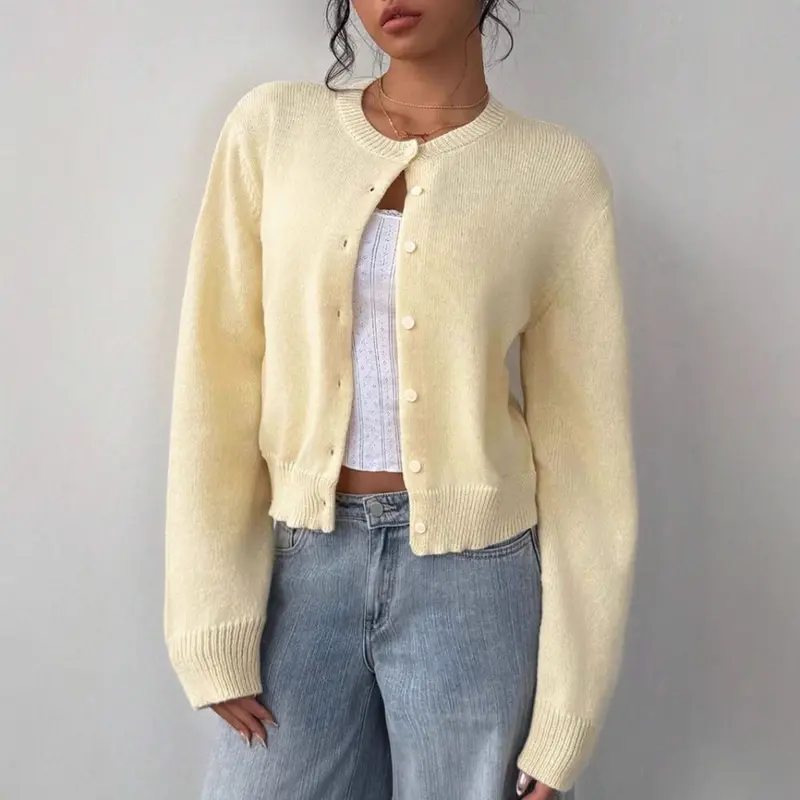 Damen Langarm-Strickjacke, weich, kurz, locker geschnitten