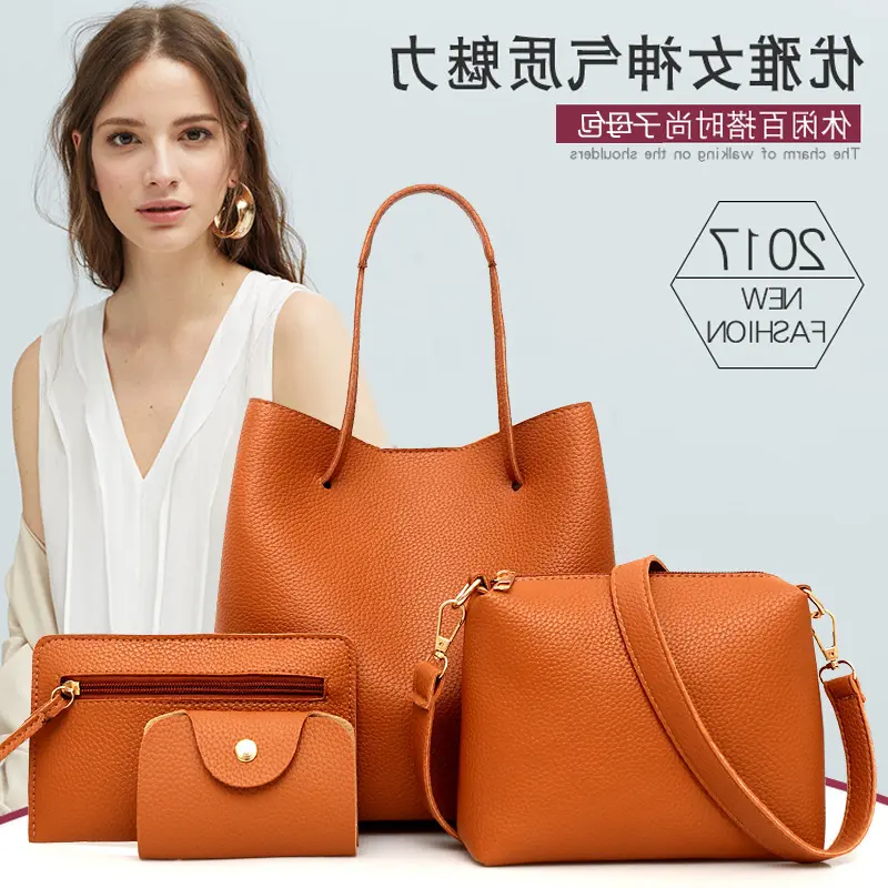 Litchi Pattern Women's Bag Set, 4 Pieces, Large Capacity