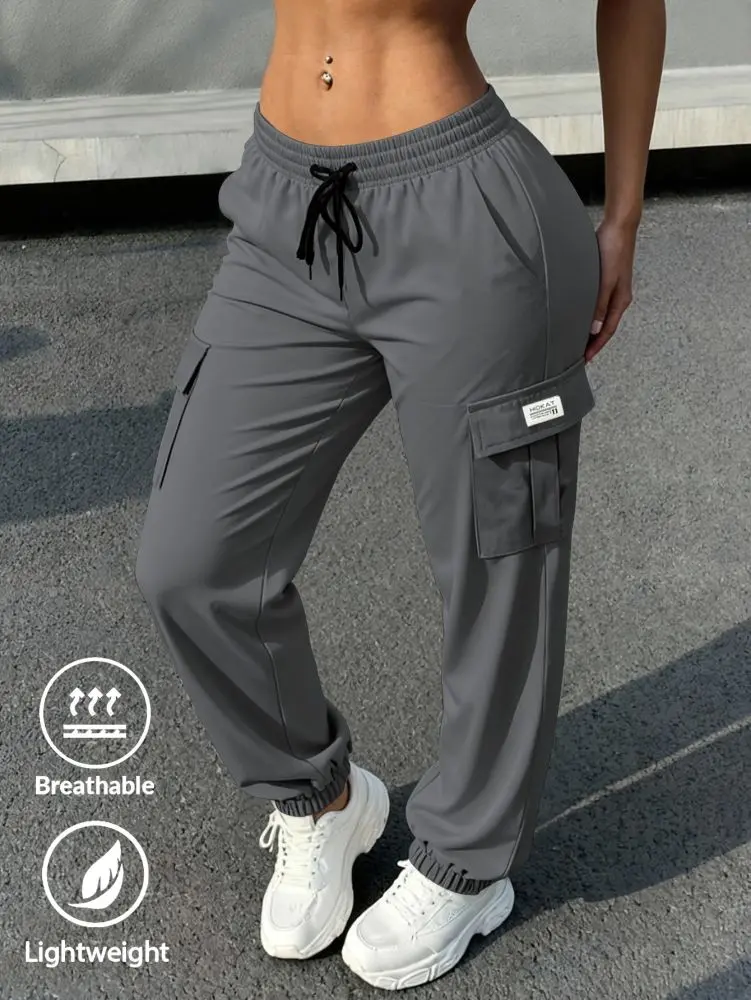 Women's Loose Multi-Pocket Workwear Pants, Spring Summer, Drawstring Hem, EU Size
