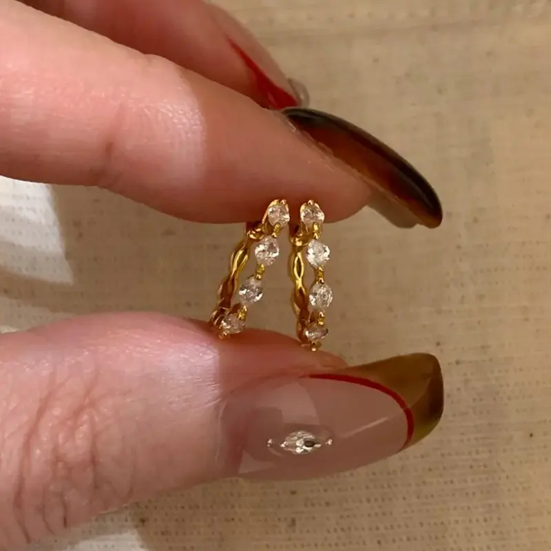 Zircon earrings for women, geometric design, gold tone