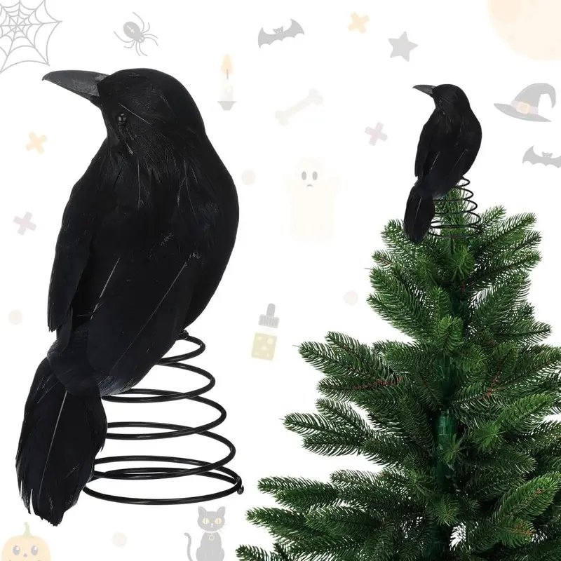 Halloween Simulated Crow Tree Topper and Spiral Decoration