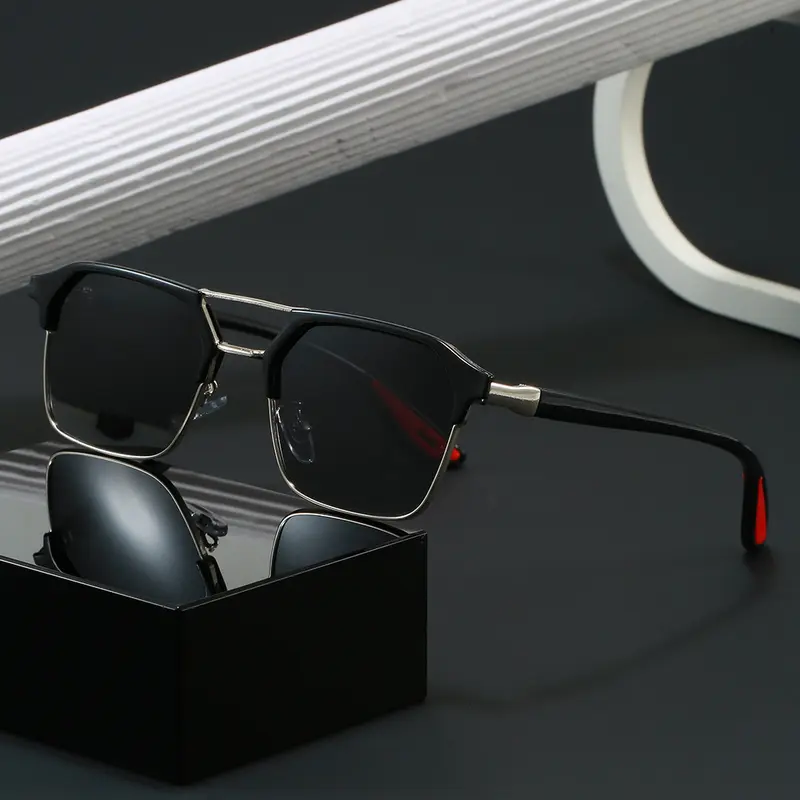 Men's Metal Double-Bridge Polarized Square Sunglasses, UV400 Protection