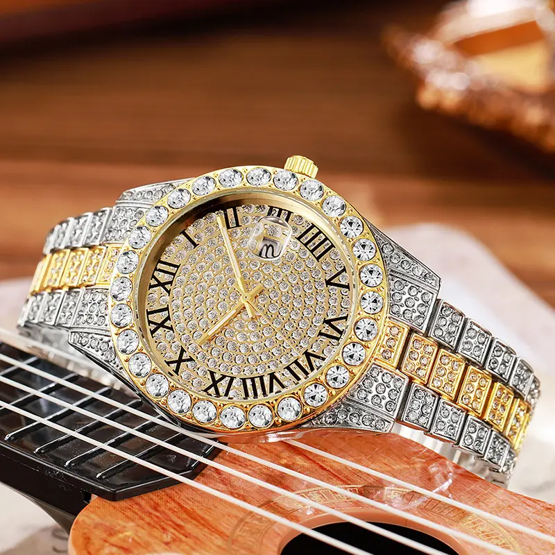 Damen-Quarzuhr mit Edelstahlband, Kalender und Strass