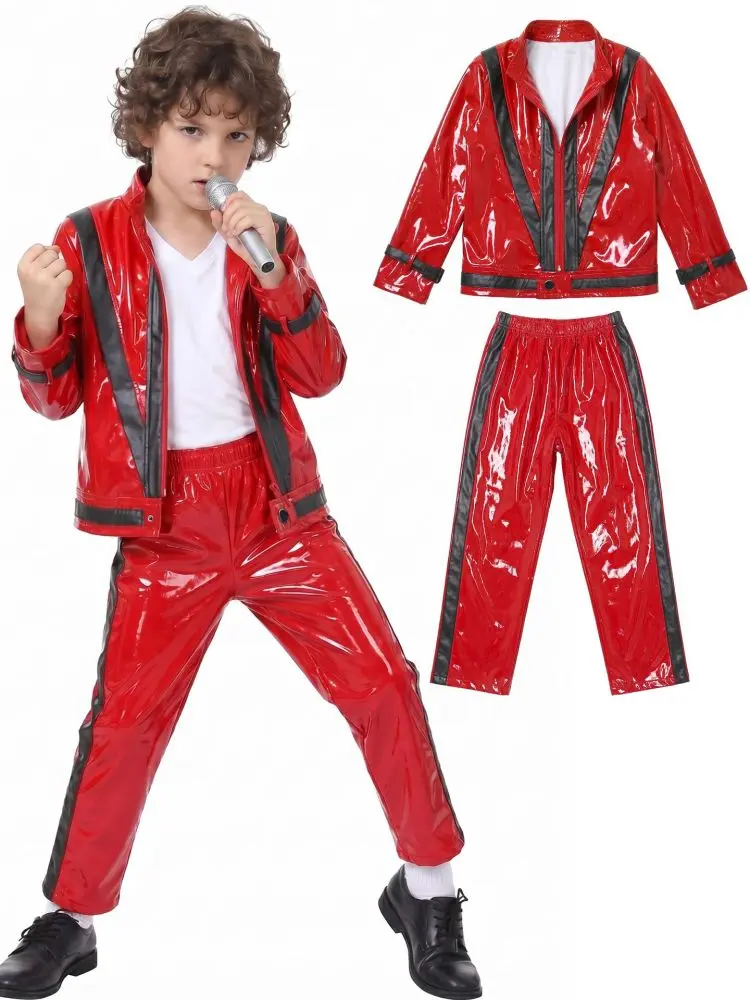 Children's Michael Jackson Performance Costume, Red and Black Faux Leather Suit