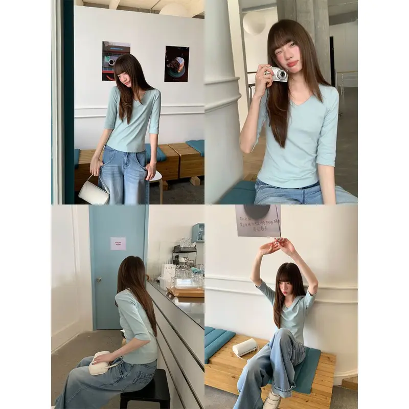 Women's Slim-Fit V-Neck Solid Color T-Shirt, Mid-Sleeve