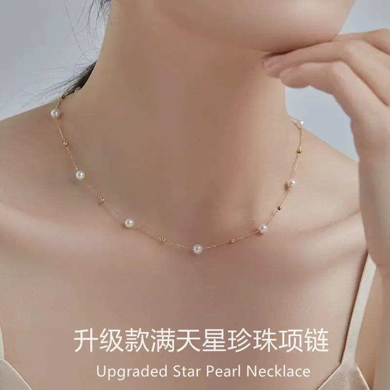 S925 Sterlingsilber-Gold-Perlenkette, Stern-Design, elegante Schlüsselbeinkette für Damen