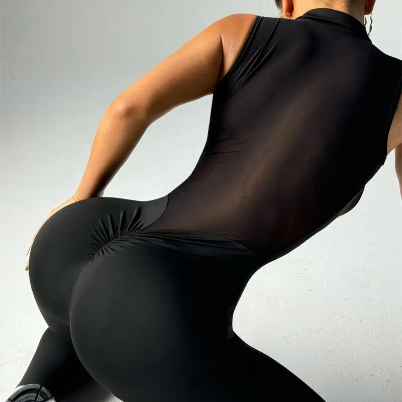 Open Back Sexy Women's Yoga Jumpsuit with Mesh Details, Butt-Lifting Long Pants
