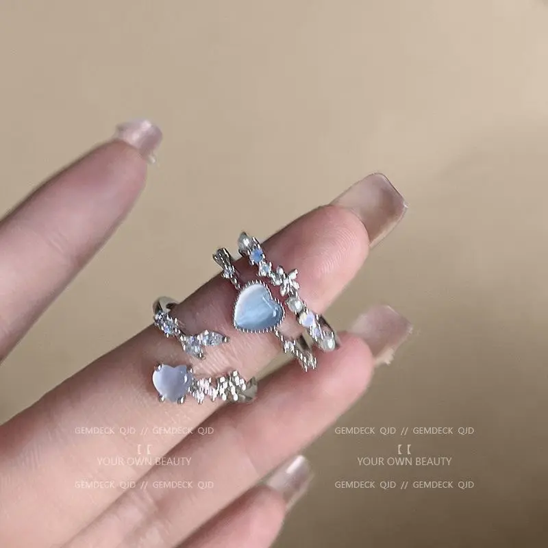 Sea blue moonstone open ring adjustable women's