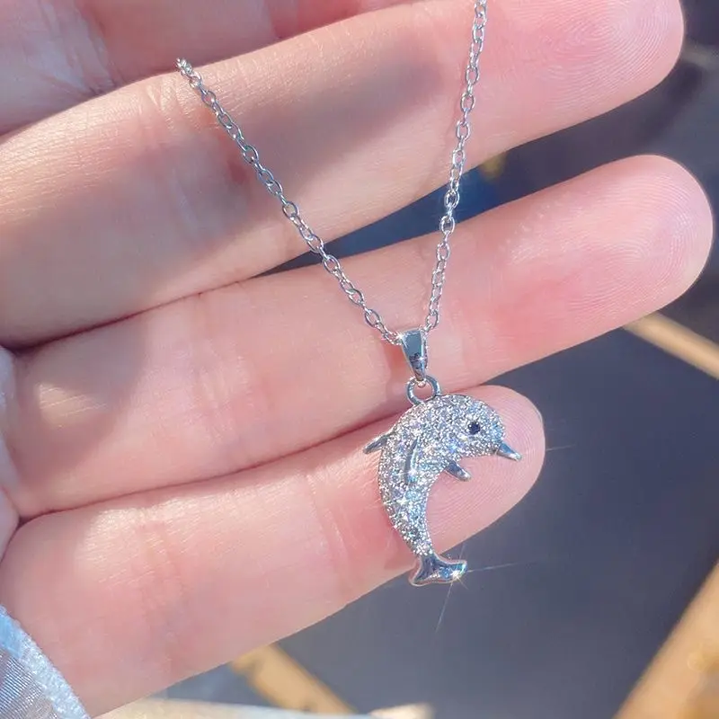 Dolphin pendant necklace, women's, minimalist chain