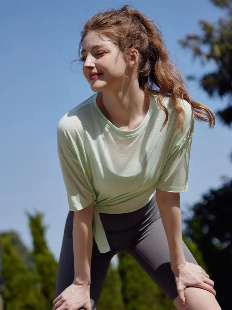 智晟瑜伽服短袖女春季宽松开叉休闲运动T恤专业跑步训练健身上衣