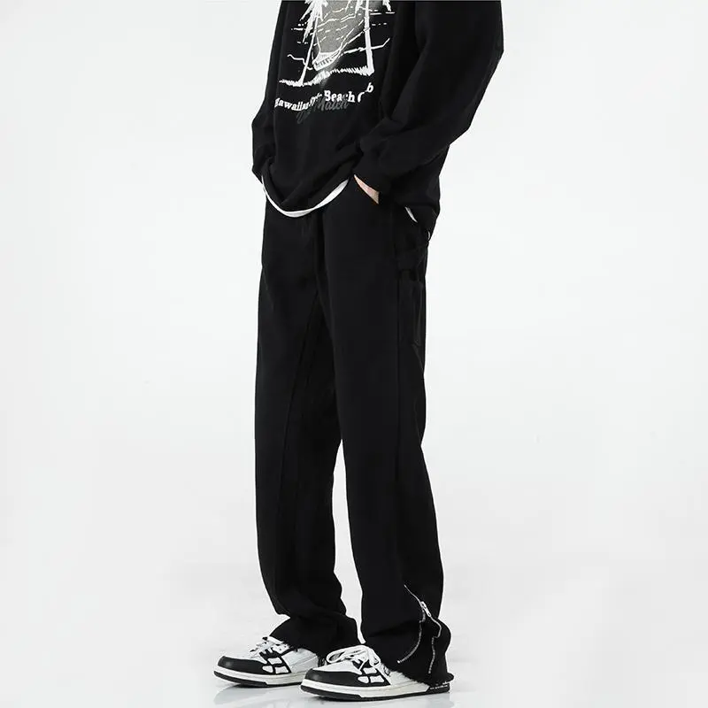 Black Zipper Slit Jeans, Straight Leg with Slight Flare