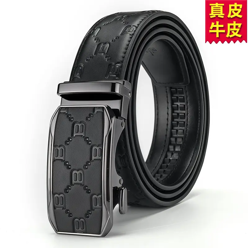 Automatic buckle, genuine leather, business style, original black dress belt, wide belt, Chinese design, waist tightener, cowhide men's belt.