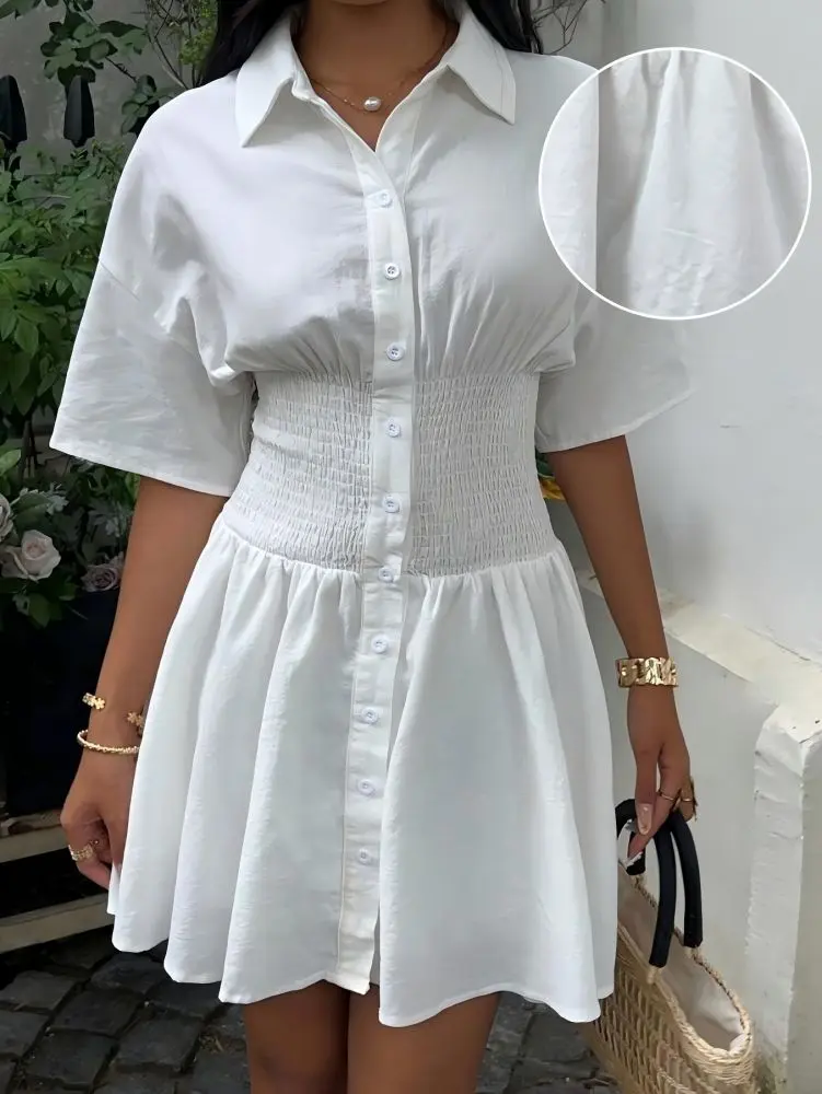 White Women's Vacation Dress, Solid Color, Waist-Cinching, Short Sleeve Shirt Dress