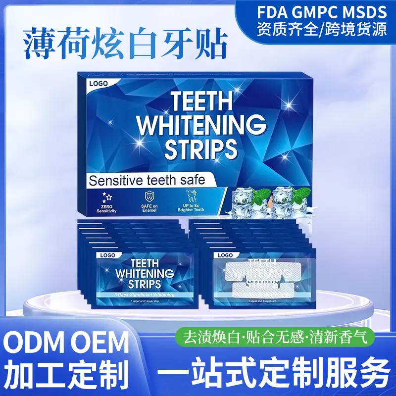 Mint-flavored teeth whitening strips that remove stains gently