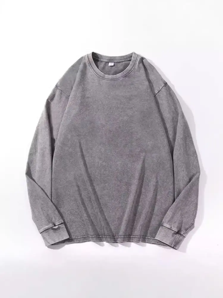 Pure Cotton Washed Long-Sleeve T-Shirt, Drawstring, Oversized Retro Fit