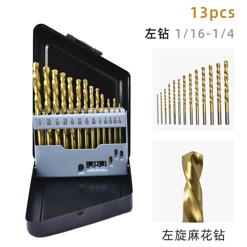 13-Piece Imperial Left-Hand Twist Drill Bit Set, HSS Titanium-Coated, Metal Box